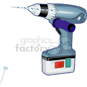 The image is a clipart of a cordless screwdriver, also known as a drill. The screwdriver is depicted with a bit in the chuck and a battery pack at the base, indicating it's a rechargeable, battery-operated tool. Beside the screwdriver, there appears to be a single screw, suggesting the tool's purpose for driving screws into materials.