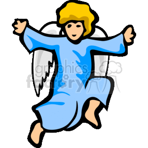 The clipart image depicts a stylized illustration of an angel. The angel is shown with a joyous facial expression, arms spread wide as if in a gesture of welcome or celebration. The figure is wearing a blue robe and has golden yellow hair. Behind the figure are two white wings, which are a classic attribute of angels. The style of the image is simple and cartoon-like, making it suitable for a wide range of uses, from Christmas decorations to messages of joy and peace.