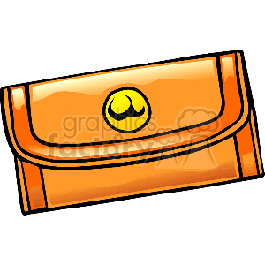 The image shows an illustrated clipart of an orange wallet. It is a simple, stylized representation often used for web graphics or in printed materials. The wallet appears to have a flap closure with a circular emblem or button on the front, suggesting a western or cowboy style design.