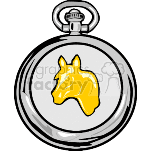 The clipart image depicts a pocket watch with a prominent horse engraving or emblem on its face. The watch appears to be made of silver, while the horse emblem within it is depicted in gold. The design has a western or possibly cowboy-themed aesthetic given the horse motif, which is often associated with such genres.