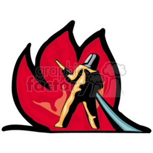 The clipart image features a stylized representation of a firefighter battling a fire. The firefighter is depicted in silhouette form, wearing a helmet and carrying a hose nozzle, aiming water at the flames. The background consists of large red and orange flames that convey the intensity and danger of the situation.