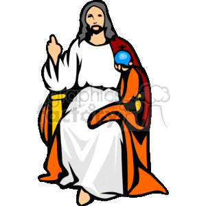 The clipart image shows a stylized depiction of Jesus Christ wearing a white robe with an orange and red cloak over it. His right hand is raised in a gesture of blessing or teaching, and in his left hand, he holds a blue sphere topped with a cross, which could symbolize the Earth or the world with a Christian motif. The image has bold outlines and simplified details, typical of clipart.