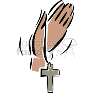 The clipart image depicts a hand holding a Christian cross, suggesting the act of praying or worship within the Christian faith. The image has a simple and stylized design, using minimal colors to emphasize the hands and the cross.