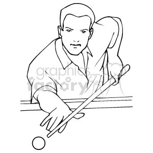 The clipart image features a man playing pool (also known as billiards). He is shown leaning over the pool table, lining up a shot with a cue stick in his hand, aiming at a billiard ball.