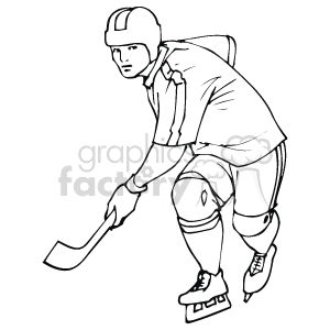 The clipart image depicts a hockey player who appears to be in motion on the ice. The player is equipped with typical ice hockey gear, including a helmet, jersey, gloves, shorts, shin guards, and ice skates, and is holding a hockey stick.