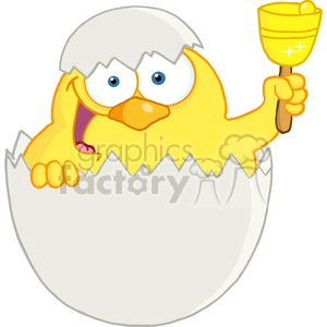 Royalty-Free-RF-Copyright-Safe-Happy-Yellow-Chick-Peeking-Out-Of-An-Egg-And-Ringing-A-Bell