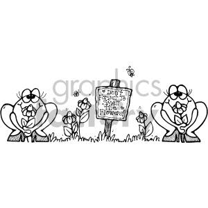 The clipart image depicts two cartoon frogs sitting on either side of a sign, each holding a flower and smiling contentedly. The sign between them has a message that reads Don't forget to Smell the Flowers! with a small heart symbol. Above and around the frogs and sign, there are a few flying insects, possibly bees or butterflies. The ground is indicated with a rough outline, and there are several flowers growing around the scene.