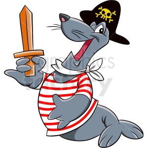 The clipart image features a cartoon seal dressed up as a pirate. The seal is wearing a black pirate hat with a skull and crossbones emblem. It has a happy expression on its face with its mouth open, as if it is laughing or cheerfully shouting. The seal is also wearing a red and white striped shirt with a white sailor's collar tied with a knot at the front. In one flipper, the seal is holding up a brown and orange sword.