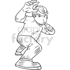 The clipart image depicts a line drawing of a man in a fighting stance. He has a determined expression on his face and one fist raised in defense or preparation to strike. There is no visible tattoo in the image provided, nor are there clear details that would indicate a tattoo. 