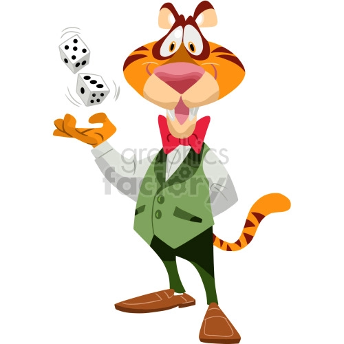 The clipart image features a cartoon tiger dressed as a casino dealer or gambler. It is wearing a green vest with a white shirt underneath, a red bow tie, and brown shoes. The tiger is smiling broadly, showing teeth, and tossing a pair of white dice into the air with one paw.