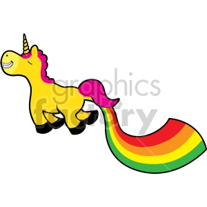The image is a clipart representation of a cheerful yellow unicorn with a pink mane and tail, a gold horn, and a whimsical rainbow trail. The unicorn appears to be in a flying pose.