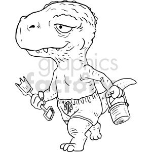 In the clipart image, there is an illustrated Tyrannosaurus rex (T-rex) dinosaur dressed for the beach. The dinosaur is wearing swim shorts and holding beach toys: a shovel in one hand and a pail in the other hand.