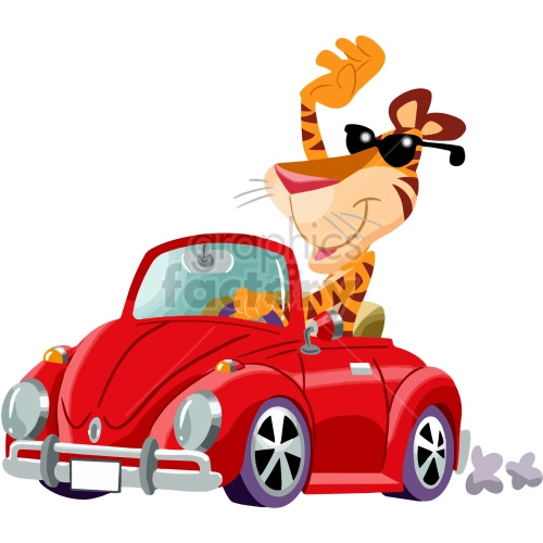 The clipart image features an anthropomorphic tiger with a friendly expression, wearing cool sunglasses. The tiger is driving a classic red convertible car with its hands on the wheel. There are some dust clouds behind the car, indicating it is in motion.