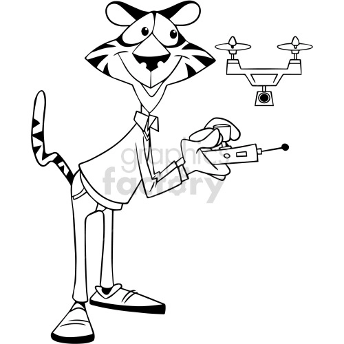 The image is a black and white clipart depicting an anthropomorphic tiger standing upright, dressed in a shirt and tie, controlling a drone using a remote control. The tiger is smiling and appears to be looking at the drone with interest. The drone is illustrated with two rotating propellers and a camera attached to its underside.