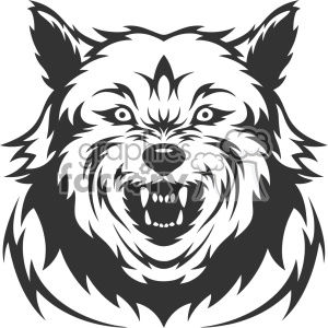 This clipart image contains a stylized representation of a wolf's head. The wolf is depicted with an open mouth, showing its teeth, which gives it an aggressive and fierce look. It's a black and white image, likely intended to serve as a mascot logo for a team or a brand.