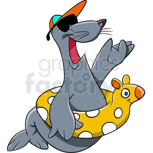 This clipart image depicts a cheerful cartoon seal wearing a baseball cap and sunglasses, seeming to be yelling or shouting with joy. The seal is lounging in a yellow and white polka-dotted inner tube that has a cute giraffe face design on it. This image embodies a playful, summery vibe, suggesting the seal is ready for some fun in the water.