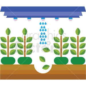 The clipart image depicts four green seedlings with brown stems and a substantial number of leaves, indicating healthy plant growth. Above the plants is a large blue structure representing an automatic watering system equipped with Wi-Fi or remote control capability for precise irrigation. The droplets of water falling from the watering system indicate its active role in providing the necessary moisture for the plants. The plants are growing in a rounded soil bed, which represents organic agriculture. The keywords suggest that the plants may be hemp, which is cultivated in various agricultural settings for its fiber, seeds, and oil.