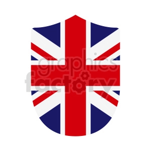 The image contains a shield-shaped design with the pattern of the flag of Great Britain (commonly known as the Union Jack) overlaying it. The flag features the red cross of Saint George (patron saint of England) edged in white, superimposed on the Cross of Saint Patrick (patron saint of Ireland), which is also superimposed on the Saltire of Saint Andrew (patron saint of Scotland).