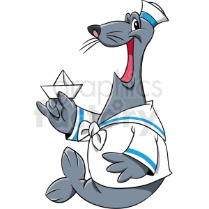The clipart image shows a cartoon seal character. The seal is styled as a navy sailor, complete with a sailor hat and a neckerchief. The seal is also holding a paper boat.