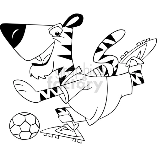 The clipart image shows a cartoon tiger playing soccer. The tiger is depicted mid-stride in a dynamic pose, with one foot about to kick a traditional black and white paneled soccer ball. The tiger is wearing a T-shirt and shorts, and its feet have soccer cleats on. The tiger's striped tail is up in the air, and it has a big smile on its face, giving the image an energetic and cheerful feel.