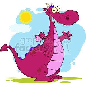 The clipart image depicts a comical, cartoon-style purple dragon with pink underbelly scales, waving and smiling against a backdrop of a sunny sky with white clouds. The dragon appears friendly and playful, with exaggerated features such as large eyes and a goofy expression, adding humor to the image.