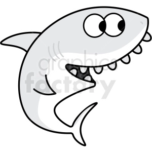 The clipart image depicts a stylized cartoon representation of a baby shark. It has simple and friendly features, with large eyes, a wide smile revealing teeth, and a single fin visible on its back. The shark is drawn with thick outlines, and the image has a playful, child-friendly appearance.