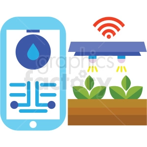 The image illustrates a mobile device with a screen displaying a water droplet and circuit-like patterns, indicating a technology interface. Above this mobile device is a WiFi signal icon, suggesting wireless communication. Next to the device is a representation of an agricultural setup with a grow light shining down on two green plants, which may be hemp or another type of seedling, in a row of soil.