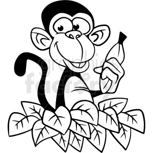 This clipart image depicts a cartoon monkey holding a banana. The monkey appears to be smiling and is surrounded by leaves, suggesting a jungle setting.
