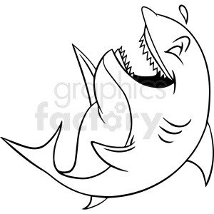 The image depicts a cartoon drawing of a shark with a wide open mouth that appears to be laughing. Its eyes are closed, and it has a jovial expression, which gives the impression of happiness or amusement.