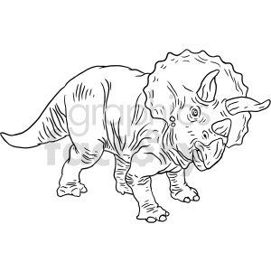 The image is a black and white line art illustration of a Triceratops, a type of herbivorous dinosaur characterized by its large bony frill and three horns on its face.