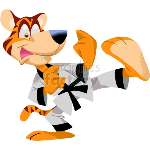 This clipart image features an anthropomorphic tiger wearing a karate gi with a black belt, performing a martial arts kick. The tiger appears animated and friendly, with an exaggerated action pose commonly associated with martial arts practices.