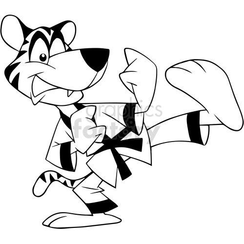 The clipart image features a stylized cartoon of a tiger performing martial arts. The tiger is depicted in a dynamic kicking pose and is wearing a martial arts uniform, typically known as a Gi, with a black belt, indicating a high level of expertise.