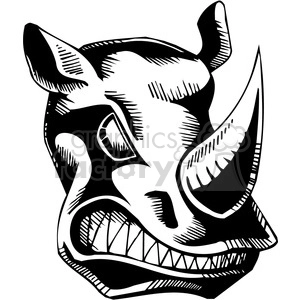 The clipart image depicts an aggressive-looking rhinoceros head. It's a black and white tattoo-style vector illustration suitable for vinyl applications. The rhino appears to be grumpy or angered, showcasing prominent features such as its horn, ears, and teeth.