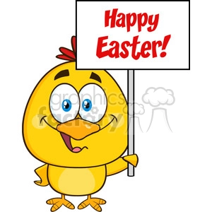 The clipart image features a cartoon of a cute yellow chick with large blue eyes and an orange beak, standing and holding up a sign with the words Happy Easter! written in red. The chick has a little crest of red hair on top of its head and is looking forward with a cheerful expression. The chick is standing upright like a human, with two legs and two wings, one of which is holding the sign's pole.