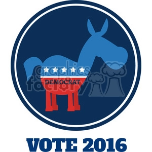 This clipart image features a stylized blue donkey inside a dark blue circular badge. The donkey has stars across its body and the word DEMOCRAT on its side. Below the donkey, the phrase VOTE 2016 is prominently displayed.