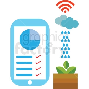 This clipart image features a smartphone with a graphical user interface displaying a pie chart and checklist items with ticks (indicating task completion), and a wifi symbol indicating connectivity or control. Above the smartphone is a cloud with raindrops, representing the weather or perhaps controlled watering. To the right, there is a plant in a pot, suggesting that this is a representation of a mobile app used for the remote control and monitoring of plant watering, possibly within an agricultural or organic growing context.
