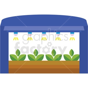 The clipart image depicts an indoor plant growing setup, commonly used in modern agriculture. It shows a series of young green plants, which might be hemp or another type of plant, growing in a bed of brown soil. Above the plants, there are lights providing artificial sunlight to aid in the growth of the plants. The setup suggests a controlled environment possibly regulated by climate control technology, which may be operated via a mobile app for tasks such as watering and monitoring the plants' conditions.