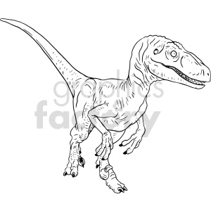 This clipart image depicts a line drawing of a Velociraptor, a theropod dinosaur known for its agility and often featured in popular culture. The raptor is shown in a side profile with a long tail, prominent claws on its feet, and a seemingly agile body.
