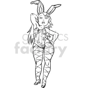 The image is a black and white line drawing of a stylized woman posing with characteristics of a bunny. She is depicted with long bunny ears, wearing a bodysuit with a bow tie and collared design, and fishnet-styled thigh-high stockings. Her pose is suggestive, striking a pin-up style stance with one hand behind her head and the other on her hip.