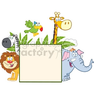 The image depicts a colorful and amusing collection of cartoon animals typically found in African environments or in a zoo. There's a friendly lion, a striped zebra peeking out, a tall giraffe with a surprised expression, an adorable elephant with a flower on its head, and a cheerful parrot in flight. All of these cartoon animals are arranged around a blank sign, which has ample space for customization or text. They are surrounded by green leaves, suggesting a jungle-like setting.