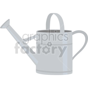 The image depicts a simple gray watering can with a handle and a spout. It's a typical tool used for gardening to water plants.