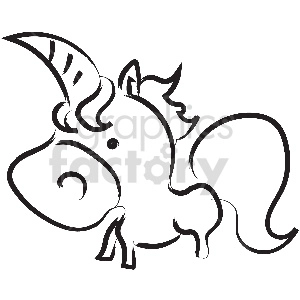 This clipart image depicts a stylized, cartoon-like unicorn with a large, swirling horn and a fluffy tail.