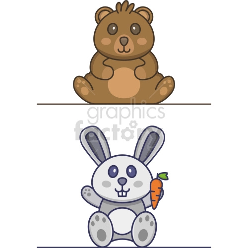 The clipart image features two animals, one above the other. The top animal is a brown beaver, sitting upright with a friendly expression on its face. The bottom animal is a white bunny with gray accents, sitting upright and holding a small orange carrot in its hand, also with a cheerful facial expression.