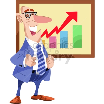 This image shows a businessman / salesman in a blue shirt and tie. He has a chart in the background, which implies sales increases, or profits. 