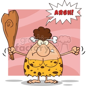This clipart image depicts a cartoon-style cavewoman. She is standing with her hands on her hips, holding a large club in one hand. Her attire consists of a spotted, prehistoric-looking dress, and she has a bone accessory in her hair. The cavewoman has a surprised or angry expression with the word ARGH! in a speech bubble above her head.