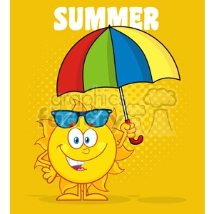 This clipart image features a smiling anthropomorphic sun character wearing cool blue sunglasses and holding a colorful umbrella (red, green, blue, and yellow panels). The sun has a human-like face, arms, and legs, and is striking a cheerful pose. The background is a bright yellow with a subtle halftone pattern, and large white text at the top reads SUMMER.
