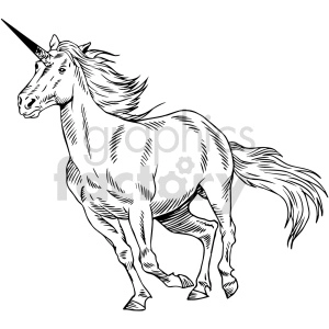 The clipart image shows a unicorn in profile. It has a long, spiraled horn protruding from its forehead, a flowing mane and tail, and is depicted in a standing pose with one front leg slightly raised as if in mid-step. The image is a line art illustration, black and white in color, with detailed shading to convey the animal's musculature and hair texture.