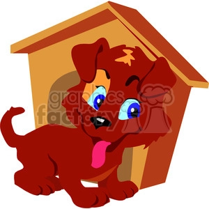The clipart image features a red dog with big blue eyes, and its tongue sticking out. The dog appears to be playful or happy. Behind the dog is a classic wooden doghouse with an angled roof and an open doorway. The image is very colorful and created in a cartoon style, typical for clipart which is used to add visual interest to various media such as websites, flyers, or presentations.
