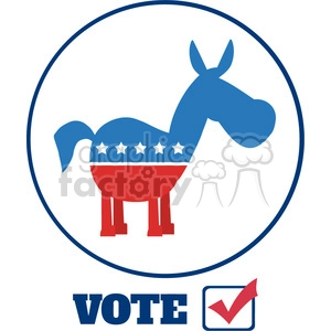 The image depicts a stylized donkey in a circular frame, colored in blue, with a section colored red and decorated with white stars similar to elements found in the United States flag. Below the circle, the word VOTE is prominently displayed, and next to that is a checkbox with a red checkmark in it, indicating the act of voting.