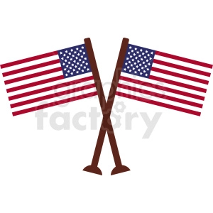 The clipart image displays two American flags, also known as the flags of the USA, crossed over one another. Each flag features the iconic design of the Stars and Stripes with blue starry fields and alternating red and white stripes.